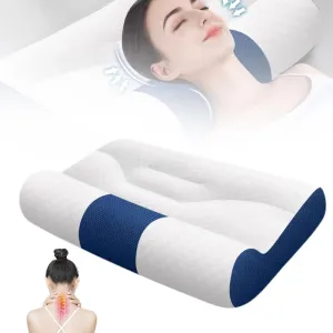 Sleep Enhancing Cervical Support Comfort Goose Down Pillow, Cervical Neck Pillow for Sleeping, Ergonomic Neck Support Pillows for All Sleeping Positions (Blue, Medium)