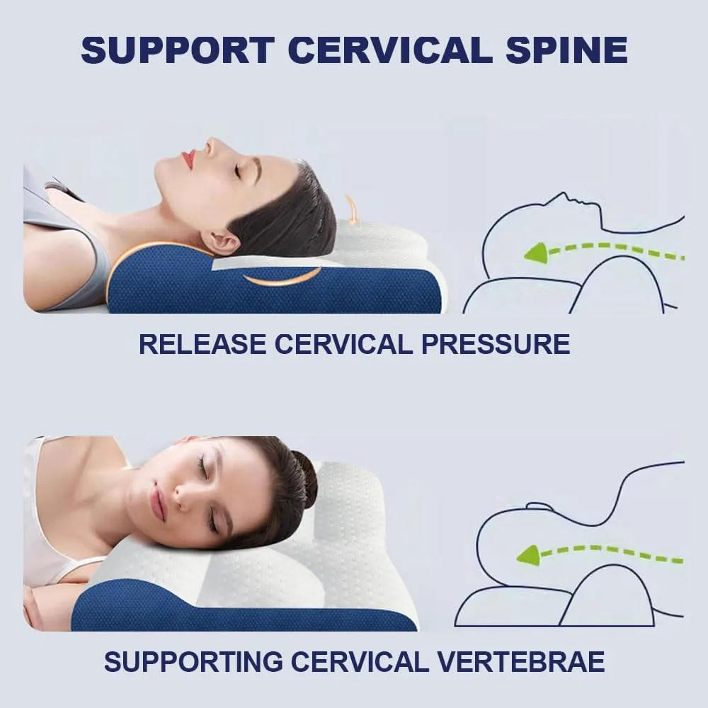 Sleep Enhancing Cervical Support Comfort Goose Down Pillow, Cervical Neck Pillow for Sleeping, Ergonomic Neck Support Pillows for All Sleeping Positions (Blue, Medium)
