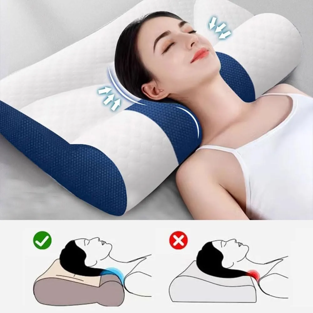 Sleep Enhancing Cervical Support Comfort Goose Down Pillow, Cervical Neck Pillow for Sleeping, Ergonomic Neck Support Pillows for All Sleeping Positions (Blue, Medium)