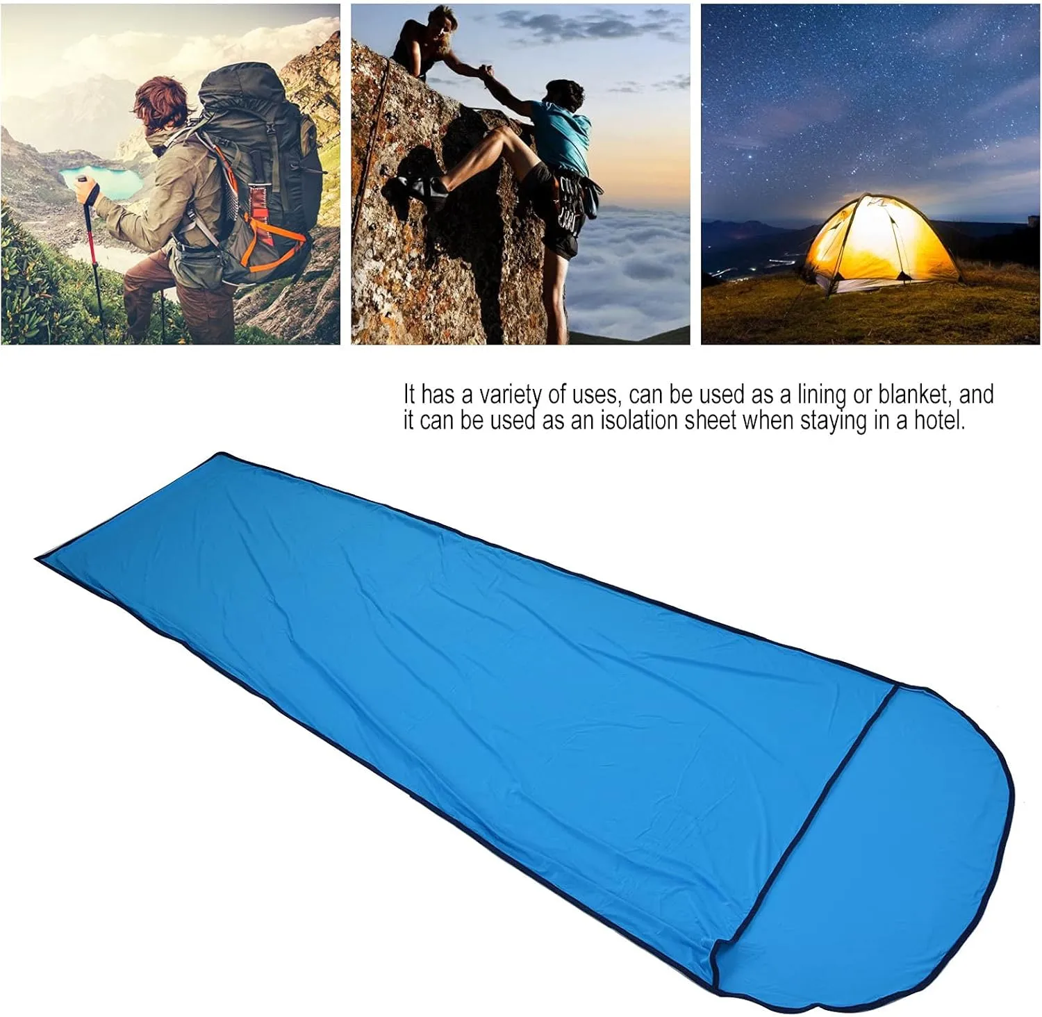 Sleeping Bag Liner, High Stretch Silky Polyester Fabric Skin Friendly Self Tan Sleep Sack, Comfortable Breathable Camping Sleeping Bags, for Outdoor, Camping(Blue)