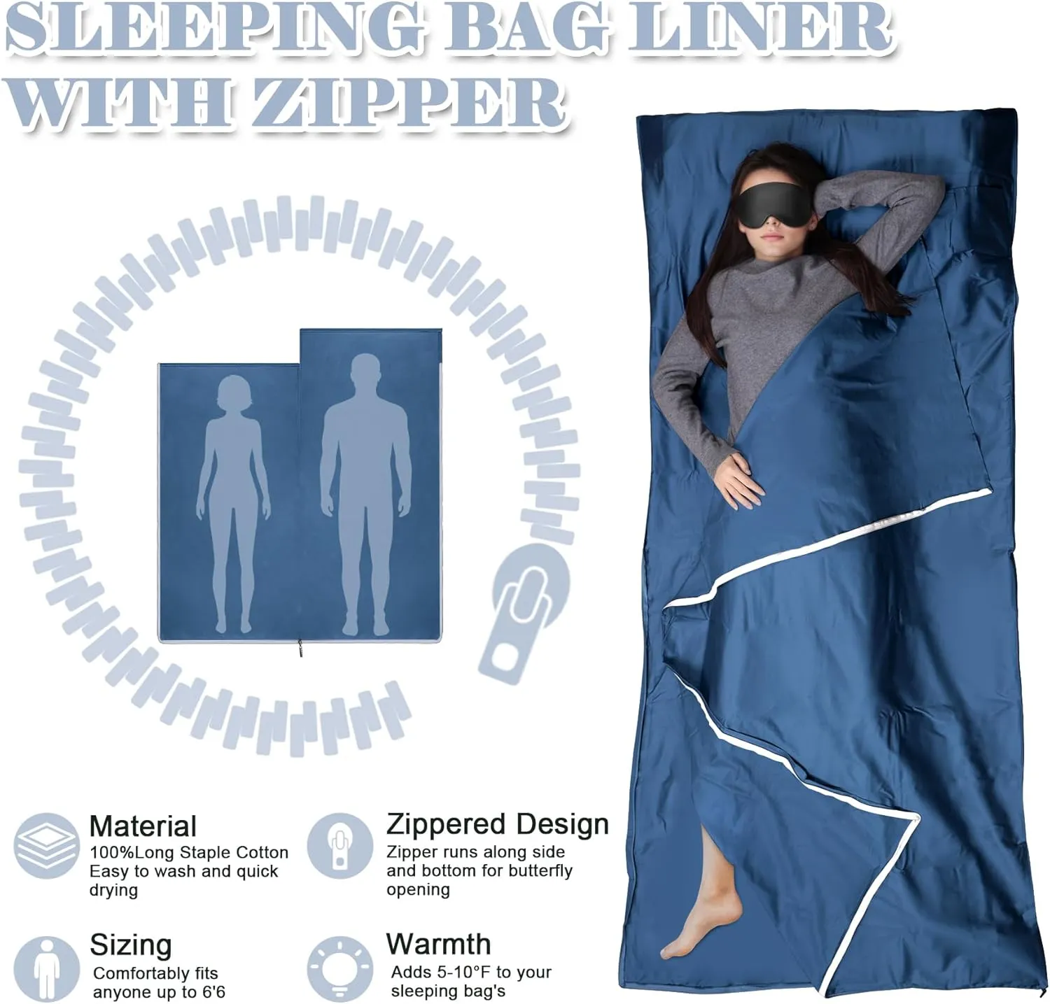 Sleeping Bag Liner,Long Staple Cotton, Adult Sleep Sack & Travel Sheets,Travel Sleep Sack for Backpacking, Hotels & Hostels Lightweight Travel Sheet Camping Sheets,Has Full Length Zipper