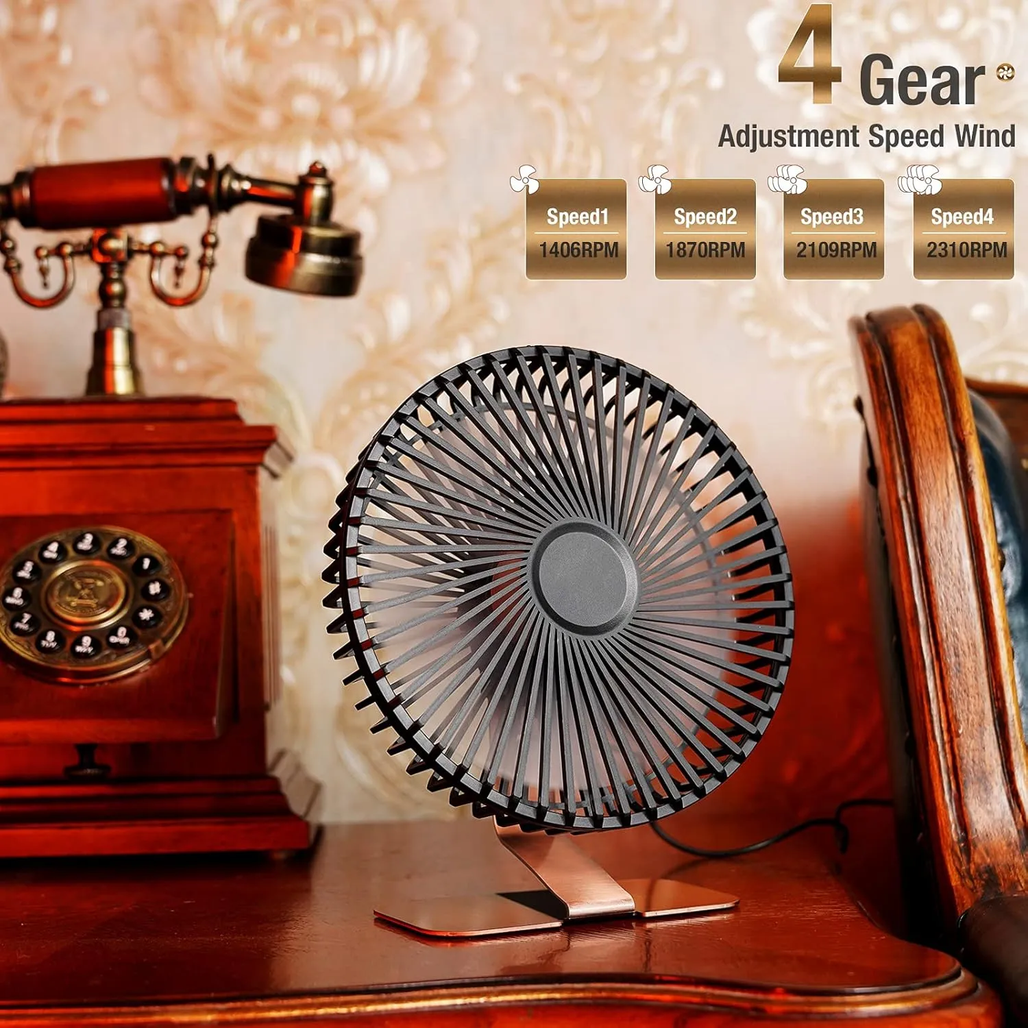 SLENPET 6 inch USB Desk Fan, 4 Speeds, Ultra-quiet, 90° Adjustment for Better Cooling, Portable Mini Powerful Desktop Table Fan, Small Personal Fan for Home Office, Metal Base, Bronze