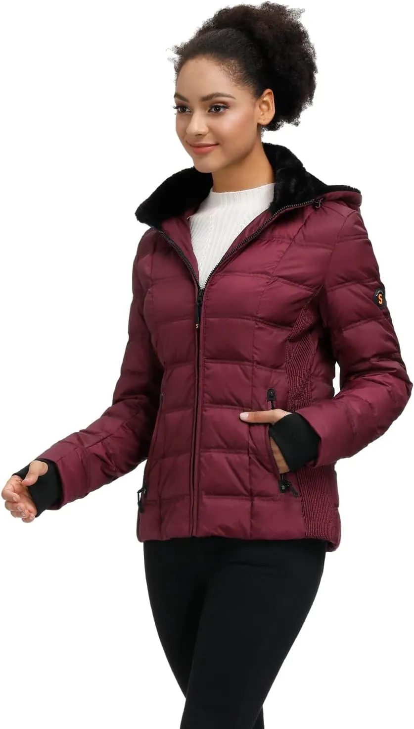 SLOW DOWN Women Down Puffer Jacket with Hood Hooded Winter Down Puffer Coat for Women with Faux-Fur Hood & Collar
