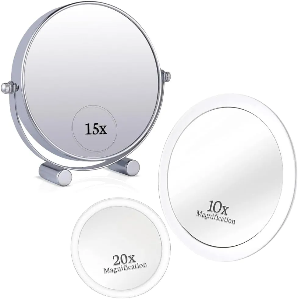 Small Double Sided 15x /1xMagnifying Tabletop Makeup Mirror for Desk, Dressing Table and Retail Store & 20X/10X Magnifying Mirror Set with 3 Suction Cups Each - Compact & Travel Ready Bundle