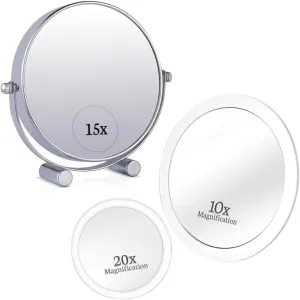 Small Double Sided 15x /1xMagnifying Tabletop Makeup Mirror for Desk, Dressing Table and Retail Store & 20X/10X Magnifying Mirror Set with 3 Suction Cups Each - Compact & Travel Ready Bundle