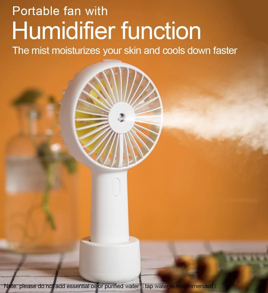 Small Handheld Misting Fan - Portable Mister with 20ml Water Tank - Rechargeable USB/Battery Operated Personal Cooling Fan - 3 Speeds Strong Wind, Ideal for Camping, Travel, & Outdoor Use - White