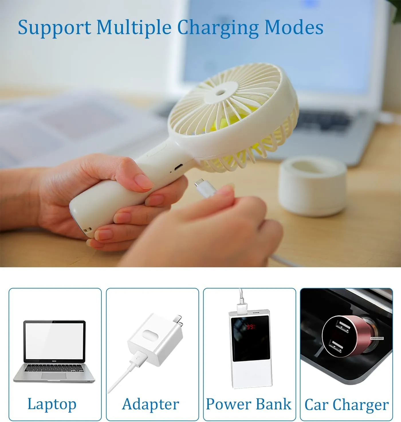 Small Handheld Misting Fan - Portable Mister with 20ml Water Tank - Rechargeable USB/Battery Operated Personal Cooling Fan - 3 Speeds Strong Wind, Ideal for Camping, Travel, & Outdoor Use - White