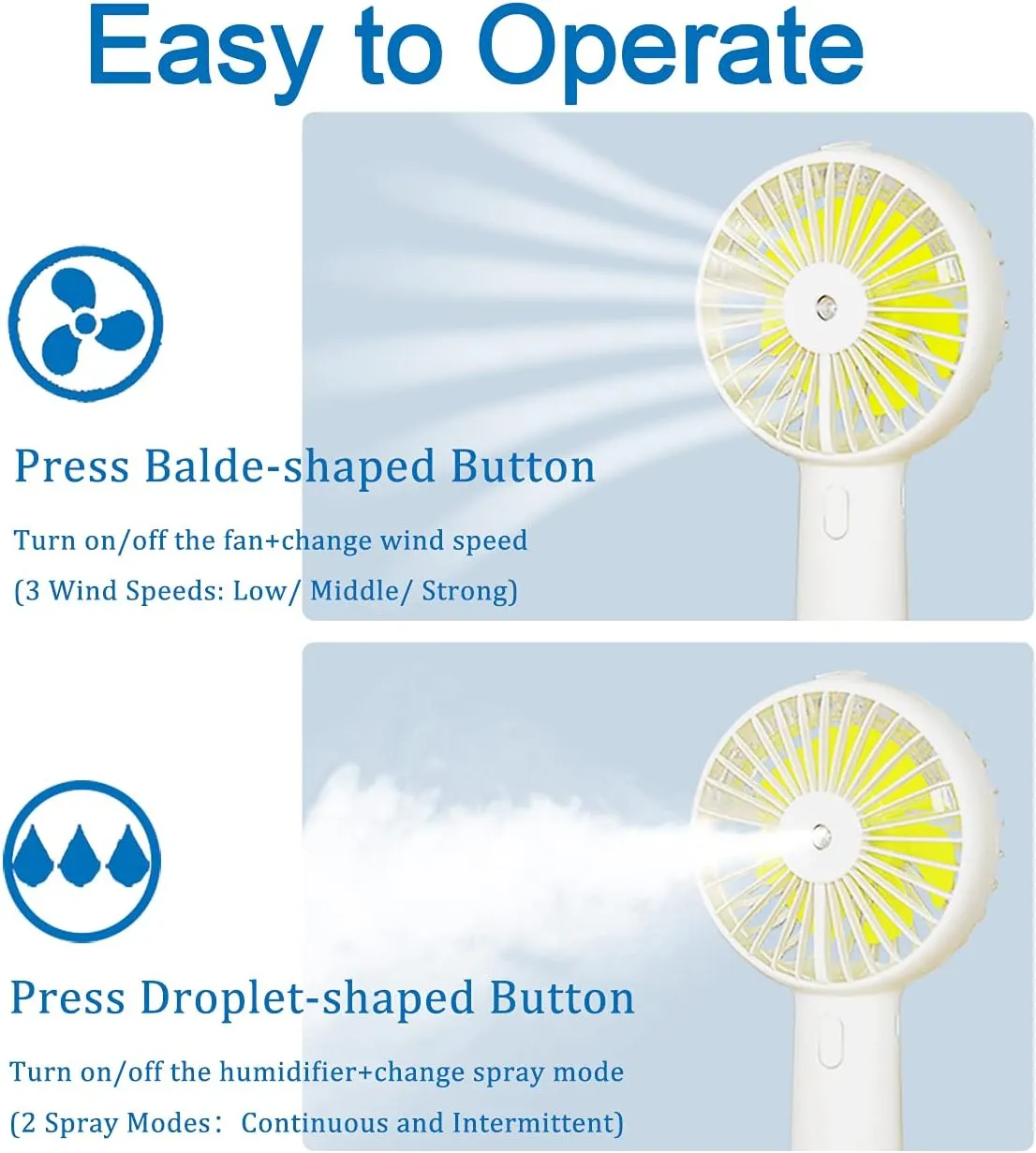 Small Handheld Misting Fan - Portable Mister with 20ml Water Tank - Rechargeable USB/Battery Operated Personal Cooling Fan - 3 Speeds Strong Wind, Ideal for Camping, Travel, & Outdoor Use - White