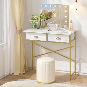 Small Vanity Desk No Mirror for Kids Bedroom, 31.5 Inch Vanity Table with Drawers, Makeup Vanity Desk for Narrow Spaces, White and Gold(No Mirror)