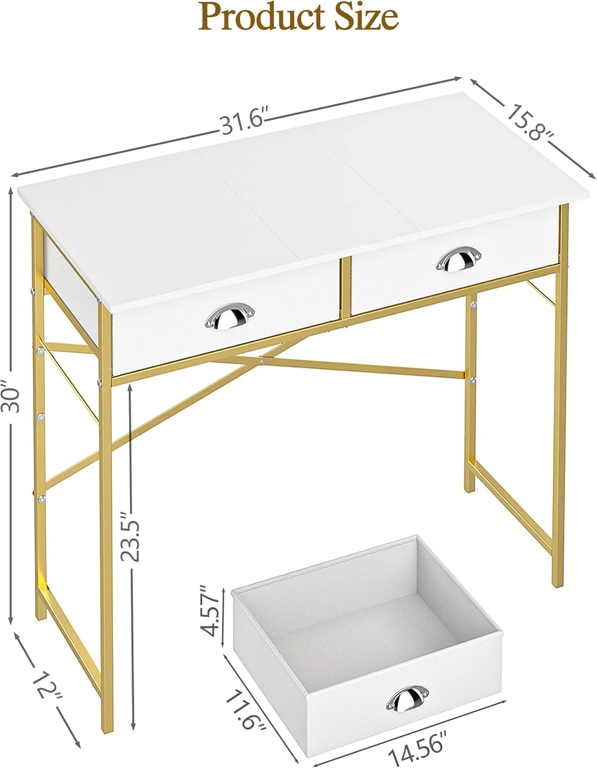 Small Vanity Desk No Mirror for Kids Bedroom, 31.5 Inch Vanity Table with Drawers, Makeup Vanity Desk for Narrow Spaces, White and Gold(No Mirror)