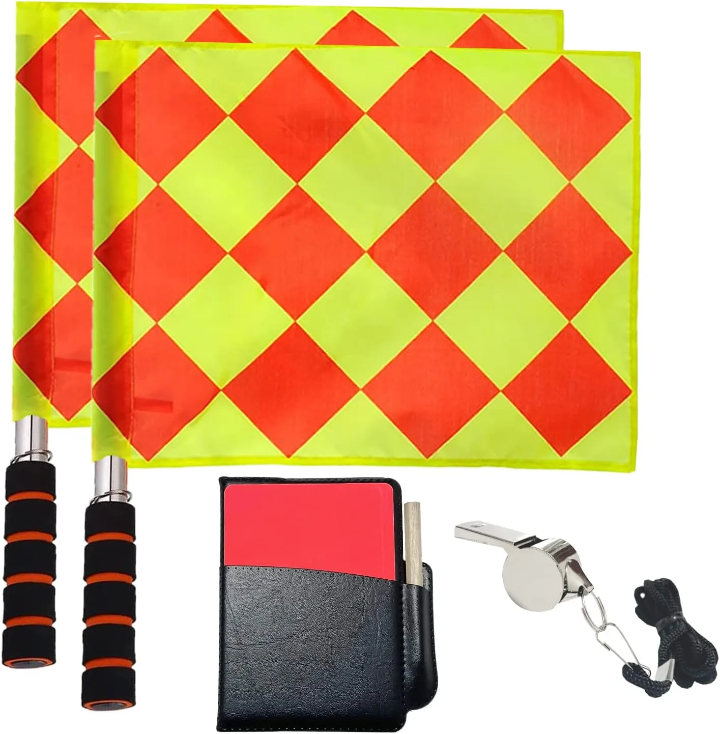 Soccer Referee Flag Set,Match Football Linesman Flags,Red Yellow Cards with Notebook and Pencil,Coach Referee Stainless Steel Whistles with Lanyard for Sports, Soccer, Football, Basketball
