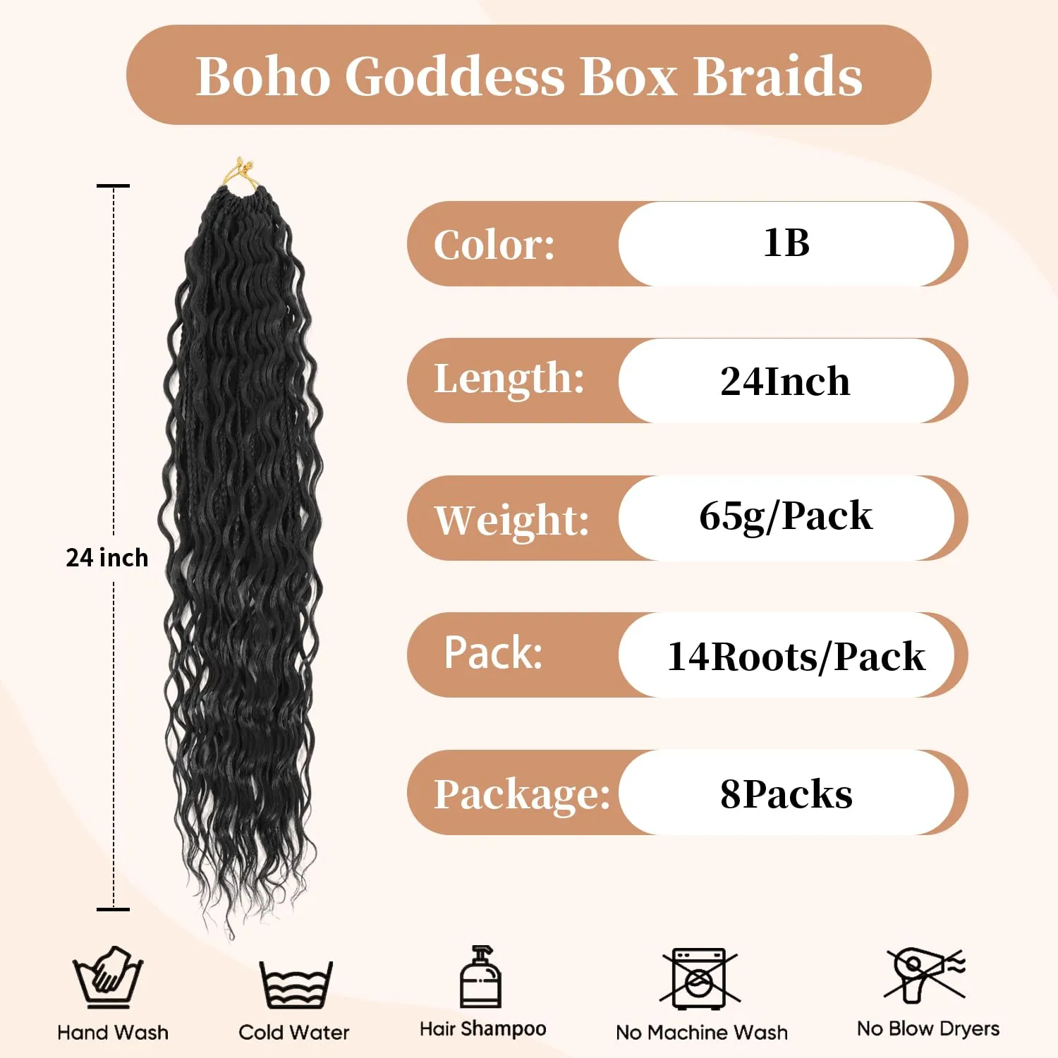 SOKU Goddess Box Braids Crochet Hair 24 Inch - 8 Packs Boho Bohemian Box River Braids Pre-looped Synthetic Natural Black Braiding Hair Extensions with Curly Ends for Women (24 Inch, 1B)
