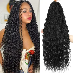 SOKU Goddess Box Braids Crochet Hair 24 Inch - 8 Packs Boho Bohemian Box River Braids Pre-looped Synthetic Natural Black Braiding Hair Extensions with Curly Ends for Women (24 Inch, 1B)