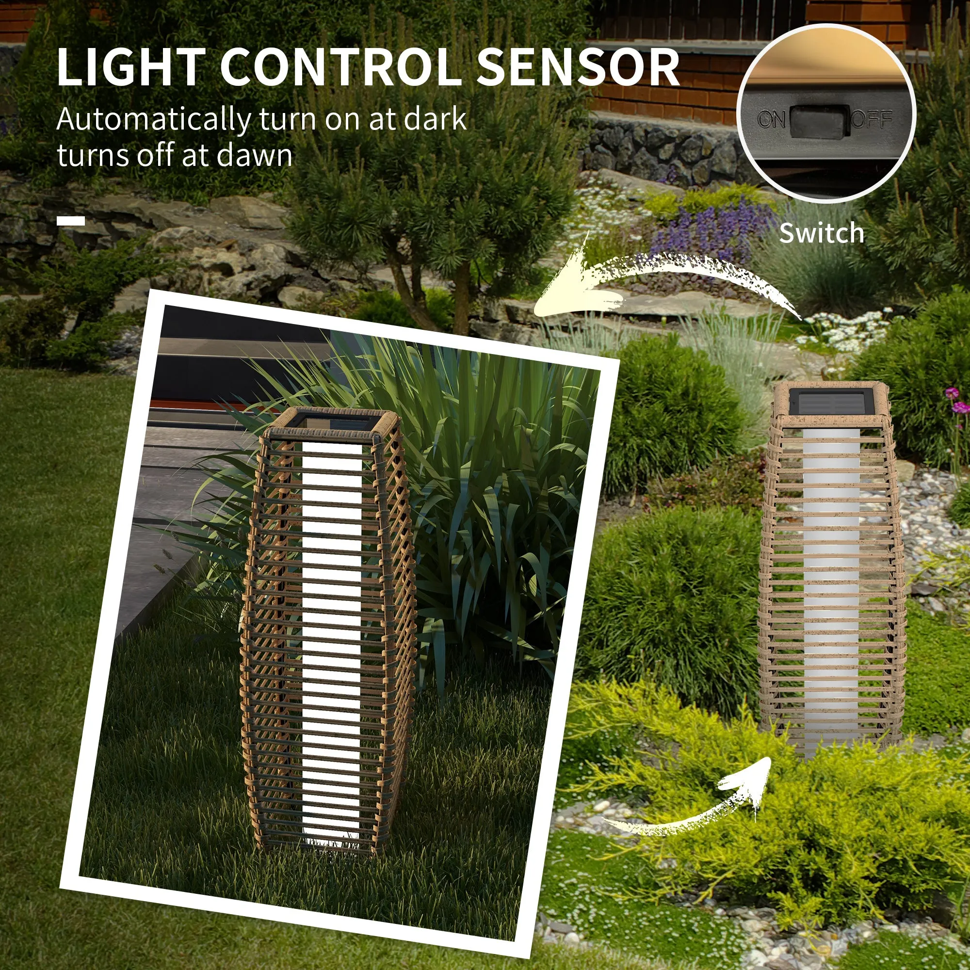 Solar Rattan Garden Lantern with Auto On/Off, Sand