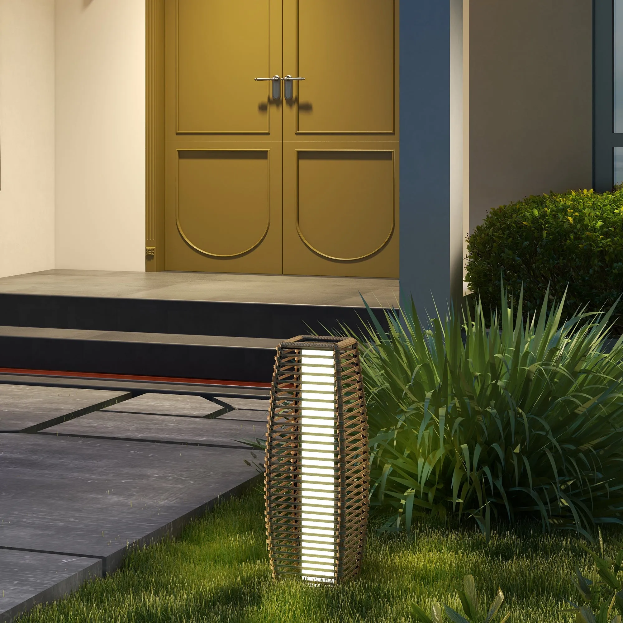 Solar Rattan Garden Lantern with Auto On/Off, Sand