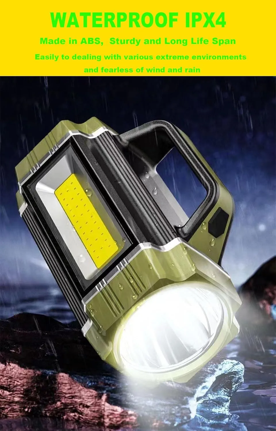 Solar Rechargeable LED Searchlight, Super Bright 13000LM Handheld LED Spotlight, Multi Function Camping Lantern Flashlight, 6 Light Modes, Waterproof IPX4, for Emergency, Home