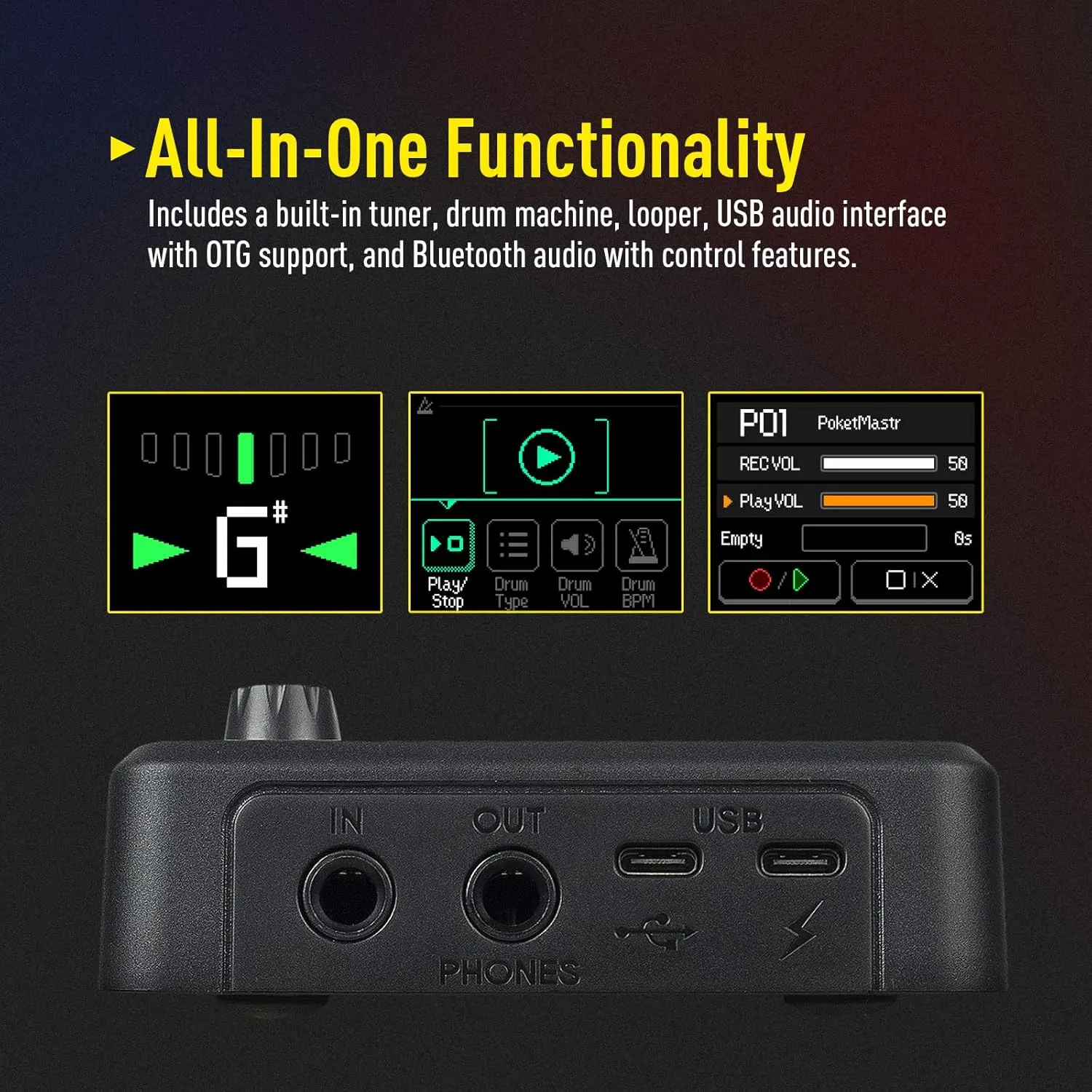 SONICAKE Pocket Master-Portable Multi Effects Pedal, 100  Built-in Guitar/Bass/Acoustic Effects, Amp Modeling, IR Cabinets Simulation, Stereo OTG USB Audio Interface, Rechargeable Guitar Pedal (Black)