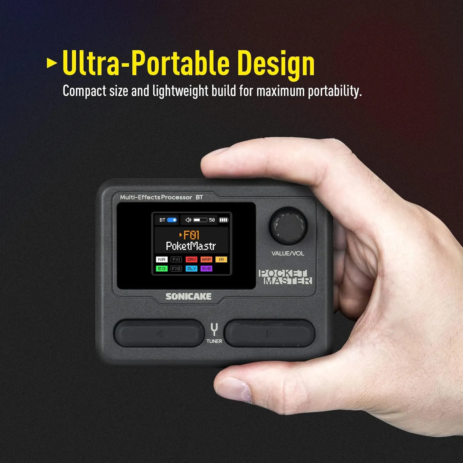 SONICAKE Pocket Master-Portable Multi Effects Pedal, 100  Built-in Guitar/Bass/Acoustic Effects, Amp Modeling, IR Cabinets Simulation, Stereo OTG USB Audio Interface, Rechargeable Guitar Pedal (Black)
