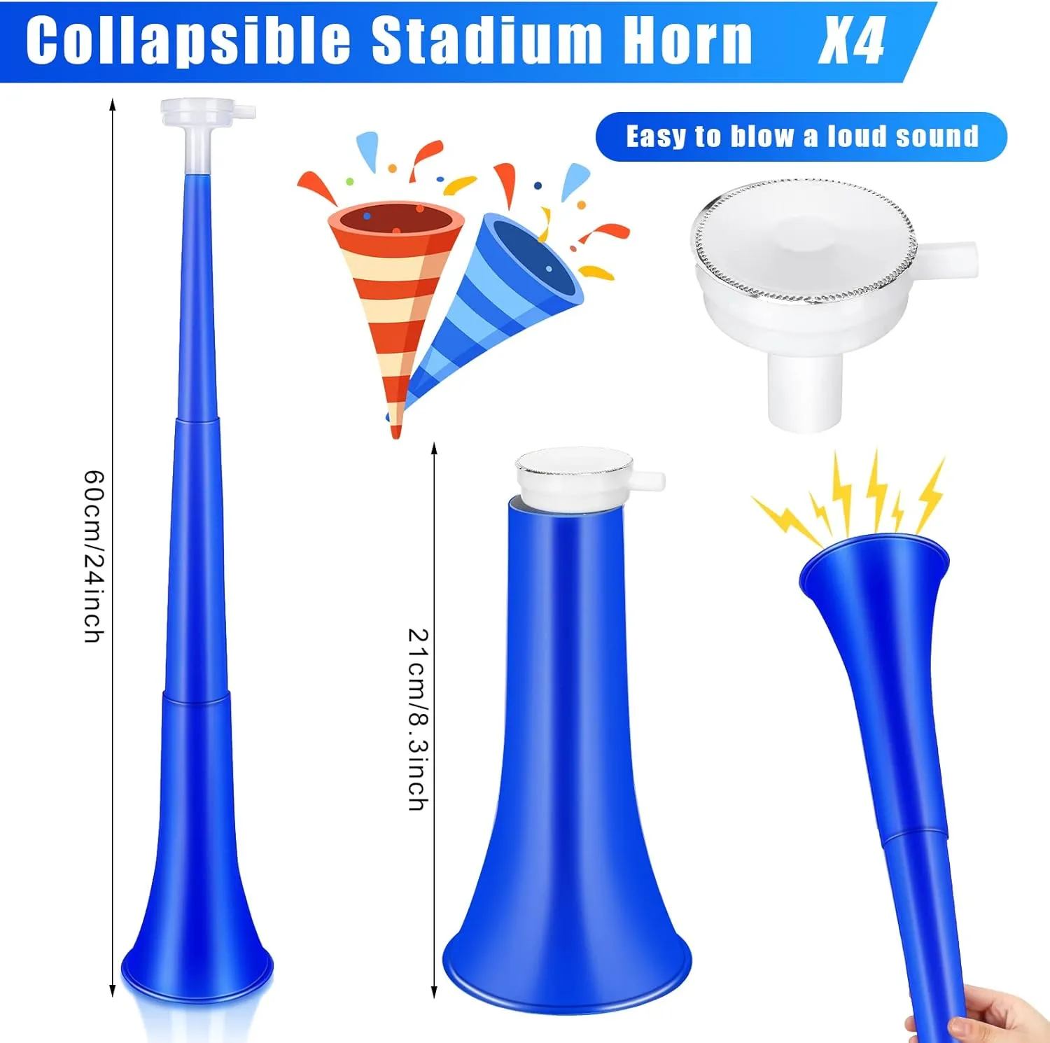 Sosation 4 Pieces Collapsible Stadium Horn 24 Inch Vuvuzela Plastic Trumpet Horn Blow Noisemakers for Sporting Events Graduation Games School Sports Party Supplies Favors Accessories(Blue)