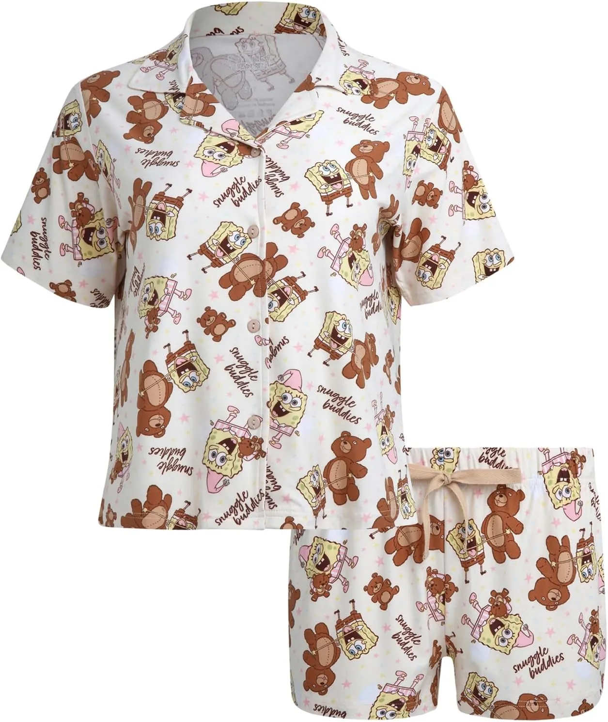 Spongebob Women’s Pajama Set, Soft Stretchy Pajama Shorts & Short Sleeve, Notch Collar, Button Down Top