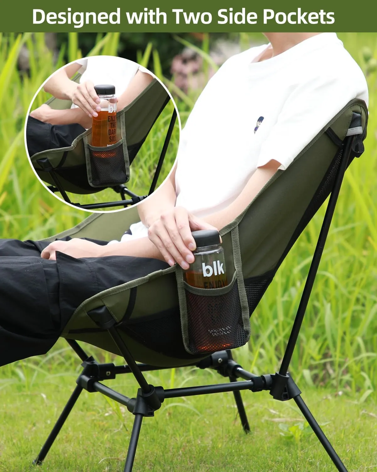 Sportneer Camping Chairs, Lightweight Outdoor Chairs with 2 Side Pockets & Storage Bag, Foldable & Portable Lawn Chairs for Camping Hiking Lawn Picnic Beach Outdoor Travel (1, Green)