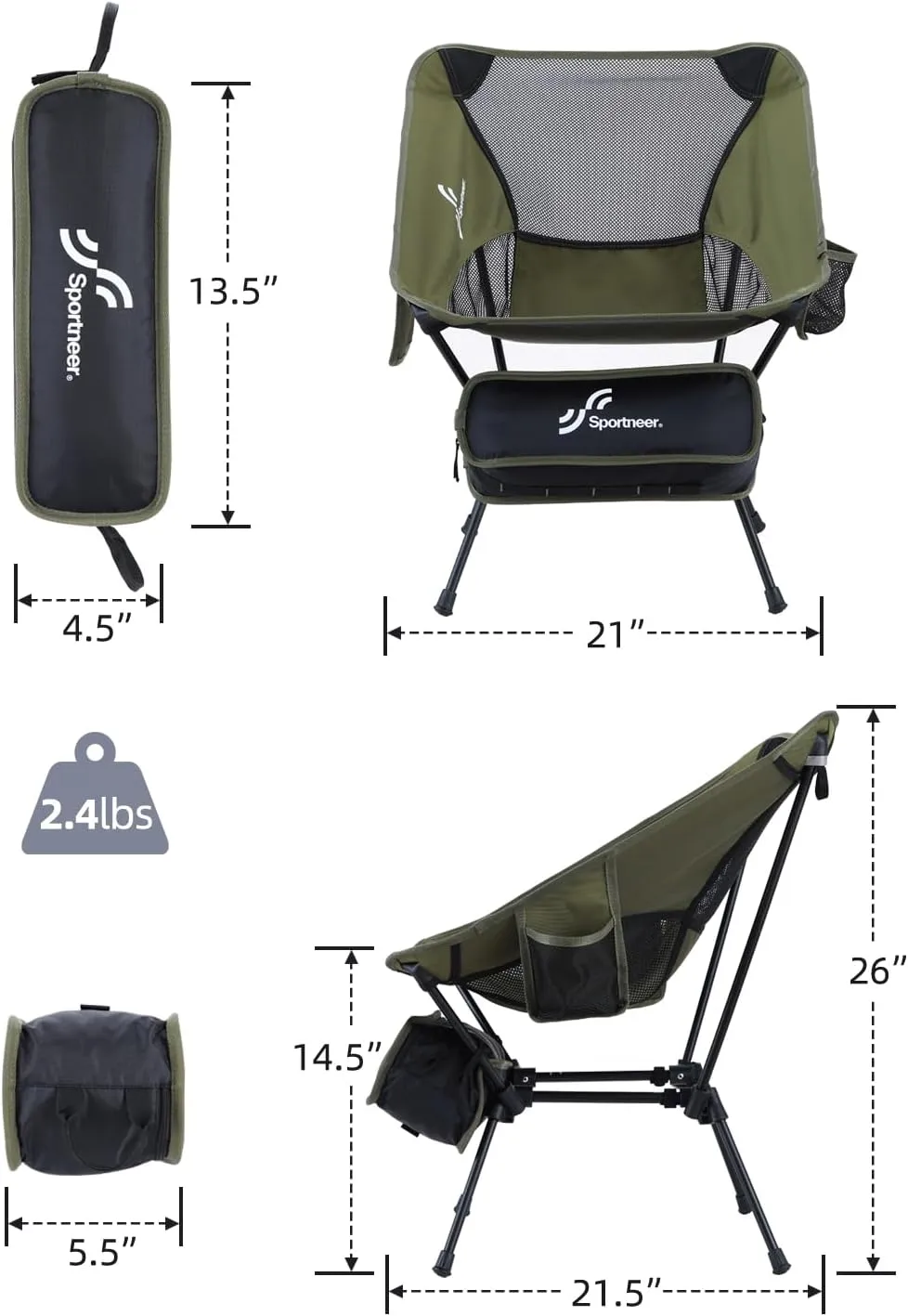 Sportneer Camping Chairs, Lightweight Outdoor Chairs with 2 Side Pockets & Storage Bag, Foldable & Portable Lawn Chairs for Camping Hiking Lawn Picnic Beach Outdoor Travel (1, Green)