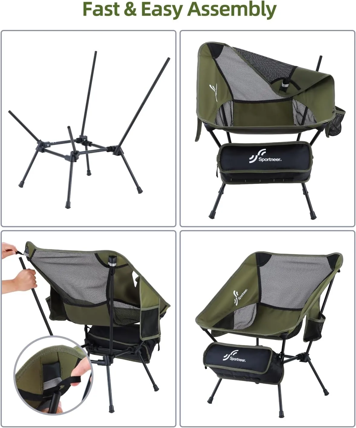 Sportneer Camping Chairs, Lightweight Outdoor Chairs with 2 Side Pockets & Storage Bag, Foldable & Portable Lawn Chairs for Camping Hiking Lawn Picnic Beach Outdoor Travel (1, Green)