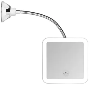 Square Flexible Gooseneck LED Lighted 10X Magnifying Makeup Mirror, Power Locking Suction Cup, Bright Diffused Light, 360 Degree Swivel, Portable Cordless Travel and Home Bathroom Vanity Mirror