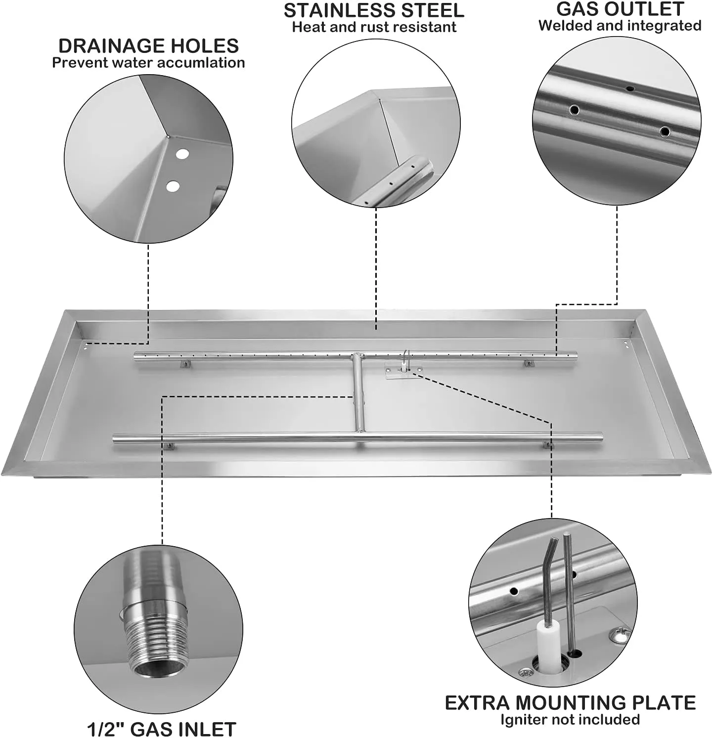 Stanbroil Rectangular Drop-in Fire Pit Pan w/H-Burner Installed, 304 Series SS, 36 by 12-Inch, 150,000 BTU Max