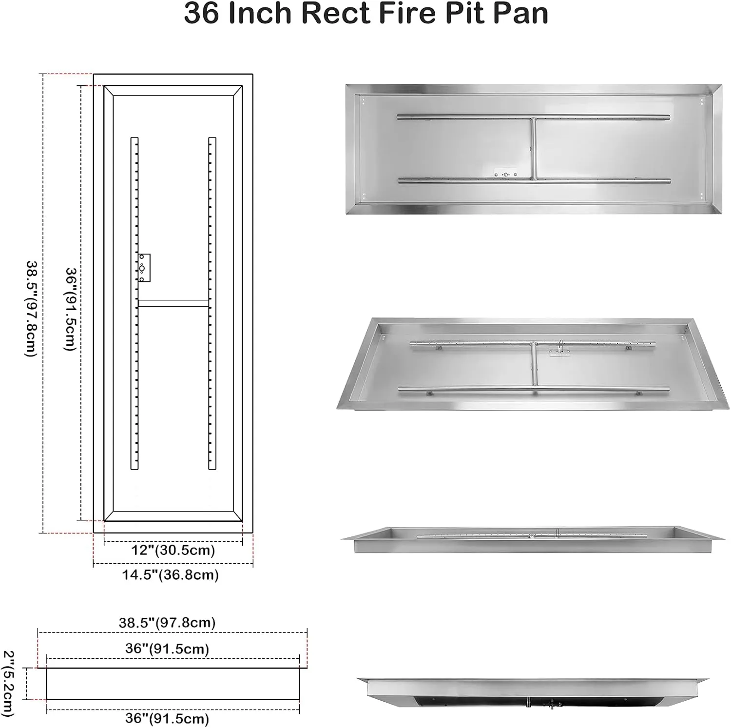 Stanbroil Rectangular Drop-in Fire Pit Pan w/H-Burner Installed, 304 Series SS, 36 by 12-Inch, 150,000 BTU Max