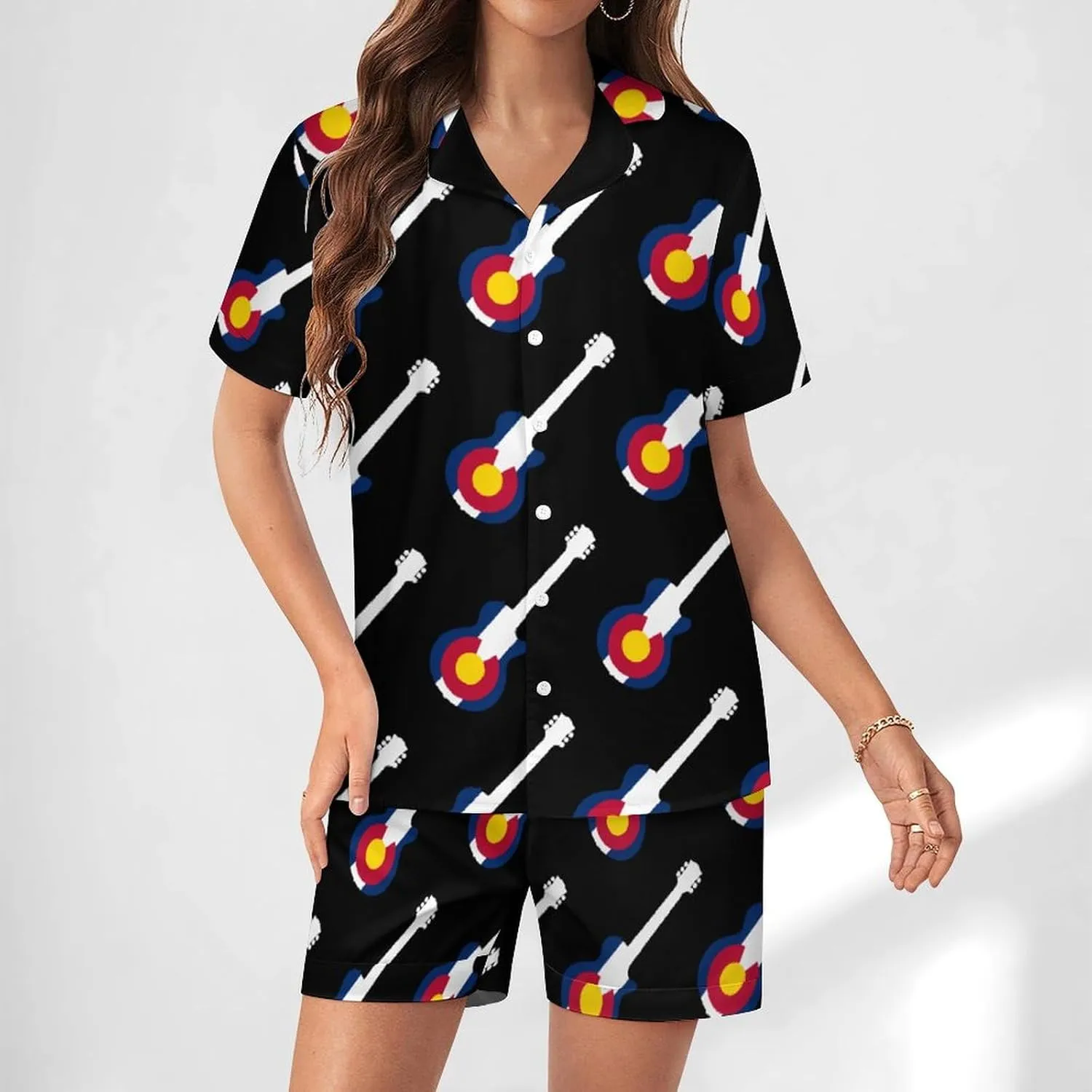 State Flag of Colorado Music Guitar Women's Satin Pajama Set Short Sleeve Button Down Sleepwear Loungewear Pj Set