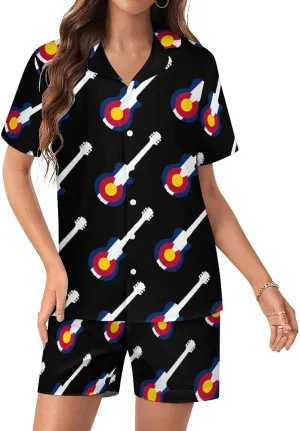 State Flag of Colorado Music Guitar Women's Satin Pajama Set Short Sleeve Button Down Sleepwear Loungewear Pj Set