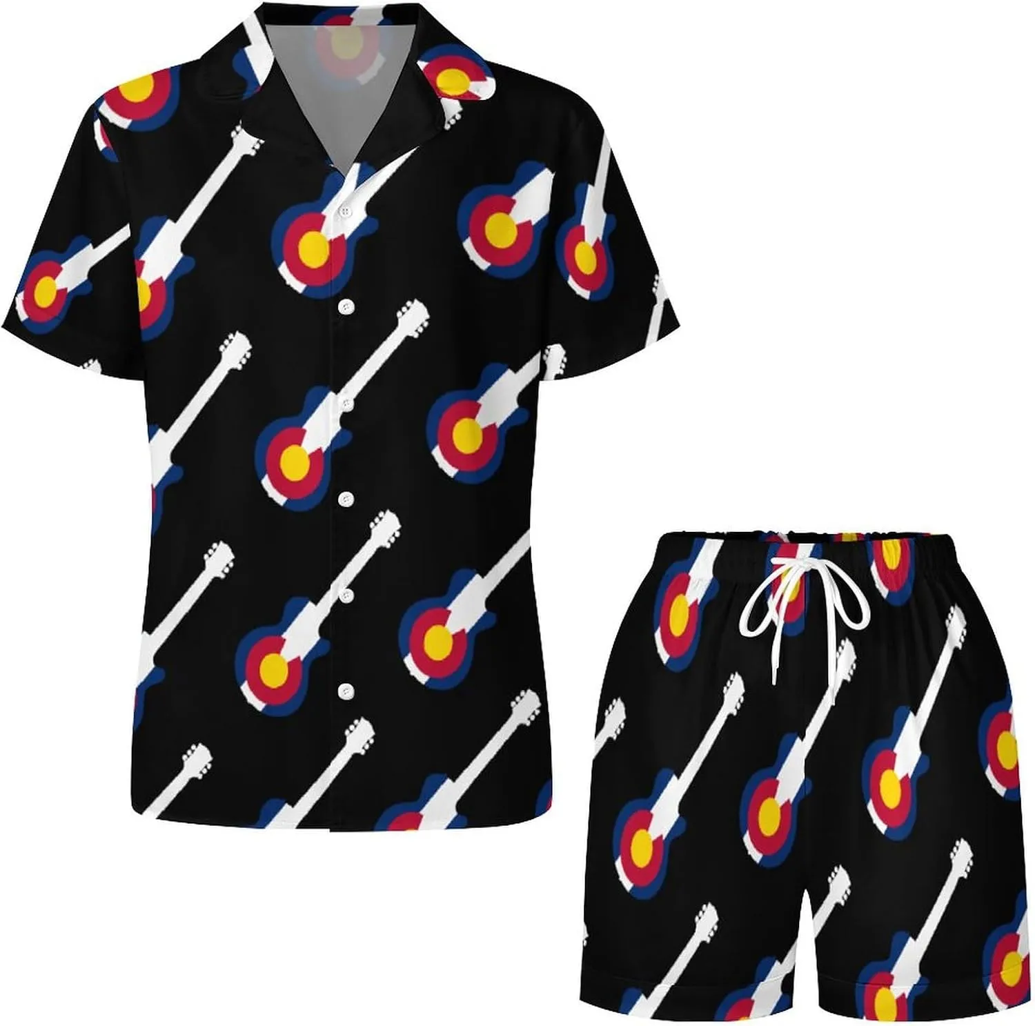 State Flag of Colorado Music Guitar Women's Satin Pajama Set Short Sleeve Button Down Sleepwear Loungewear Pj Set