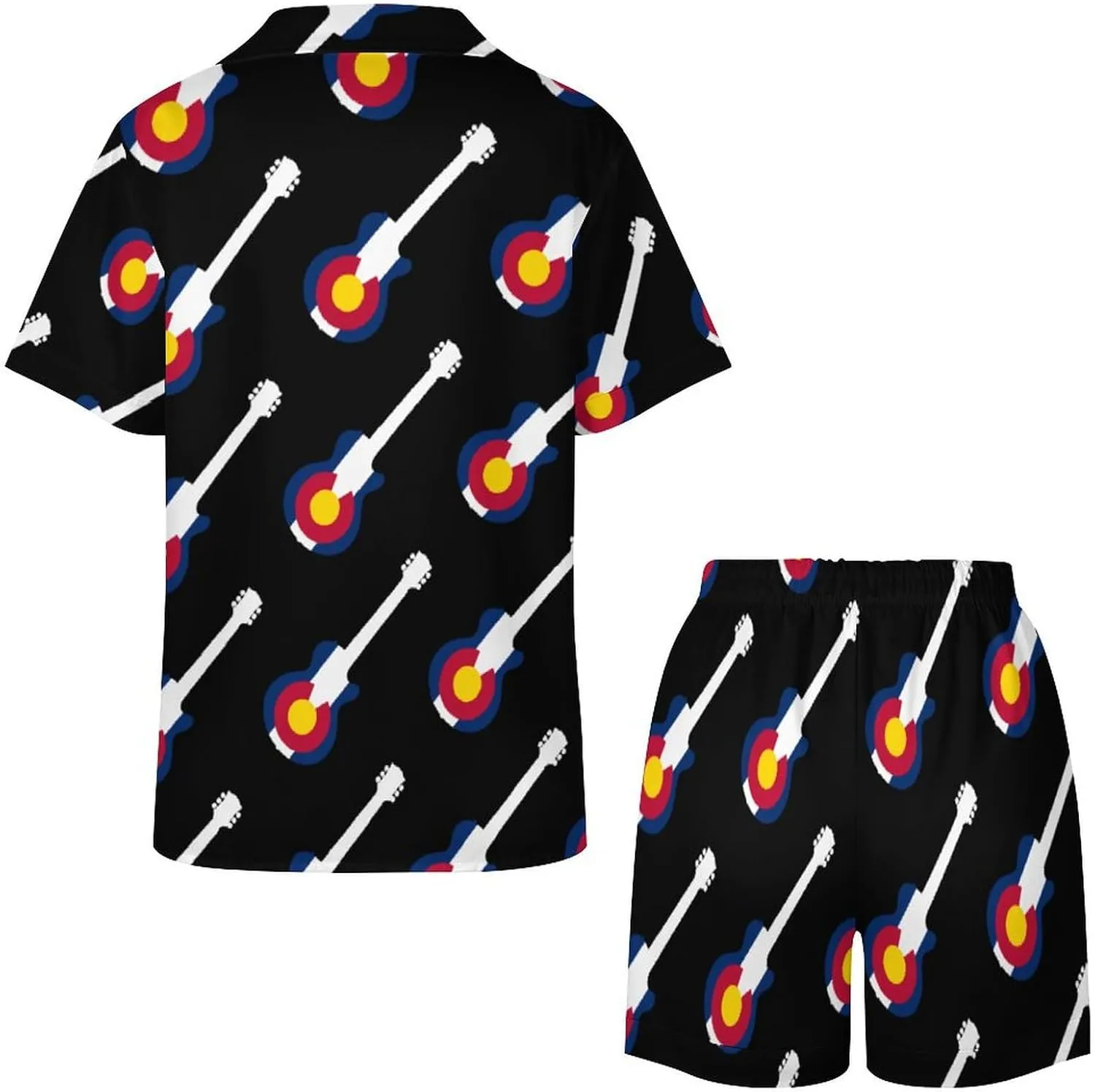 State Flag of Colorado Music Guitar Women's Satin Pajama Set Short Sleeve Button Down Sleepwear Loungewear Pj Set