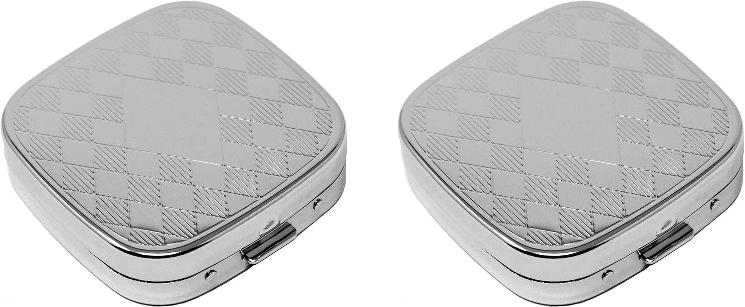 Stephanie Imports Square-Shaped Pocket Purse Pill Box with Mirror (Silver Etched Diamond Pattern - Engraveable)