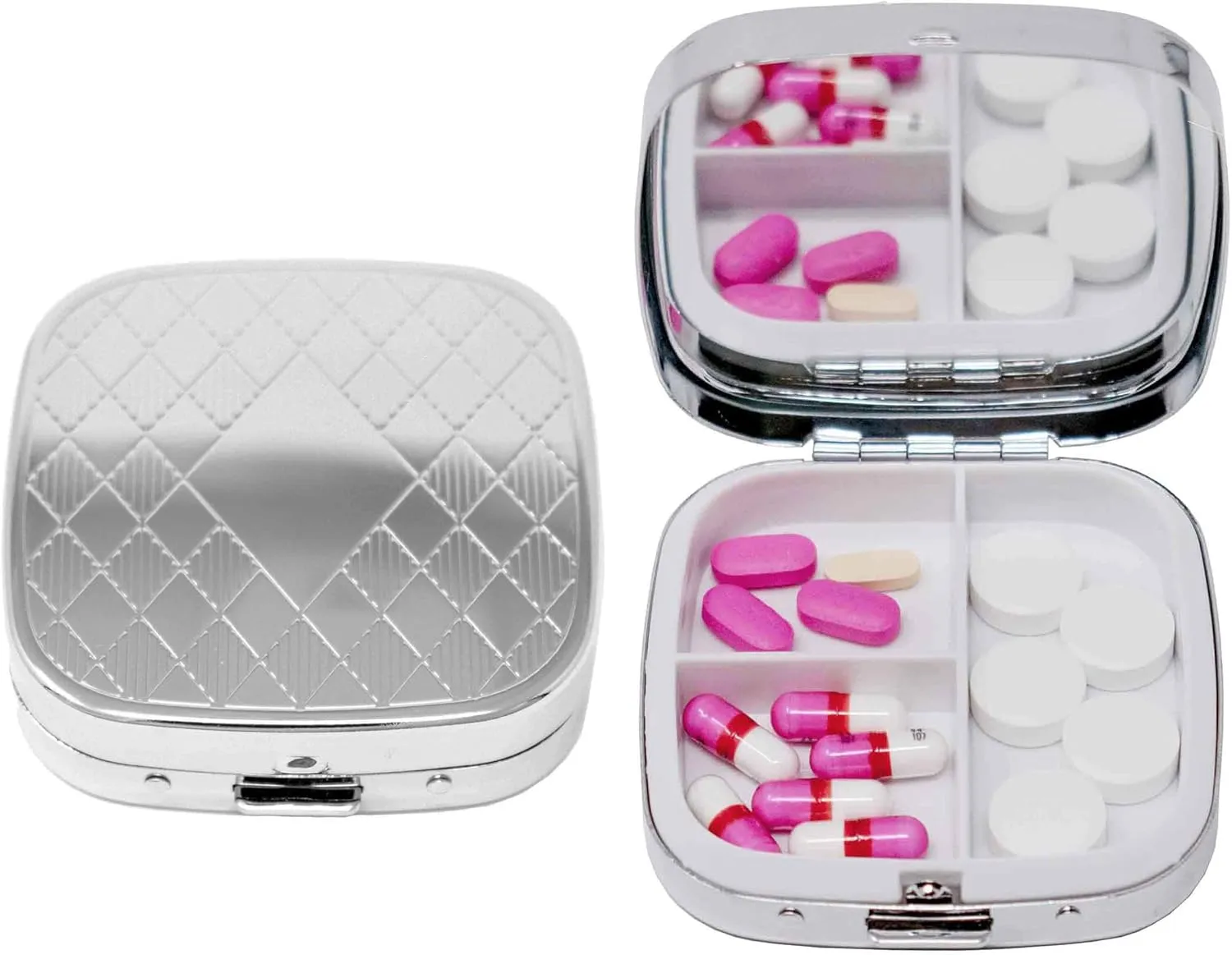 Stephanie Imports Square-Shaped Pocket Purse Pill Box with Mirror (Silver Etched Diamond Pattern - Engraveable)