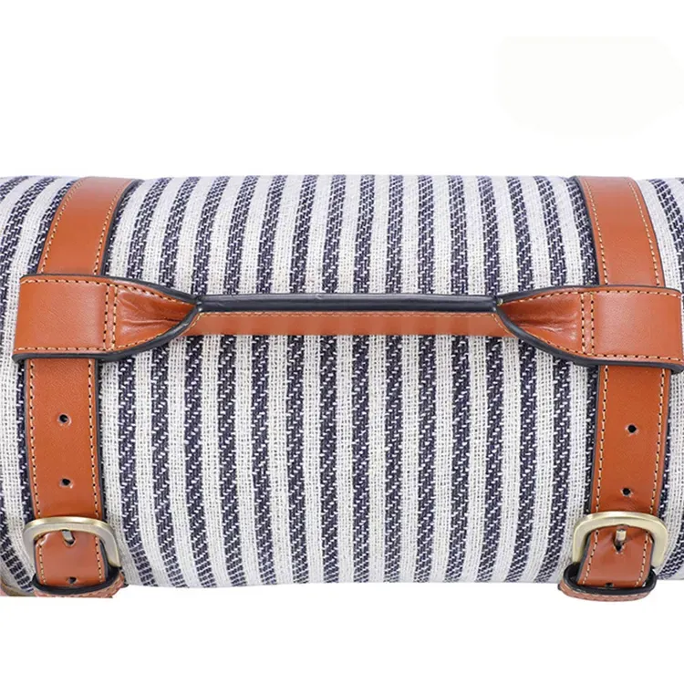 Stripe Style Foldable Outdoor Camping Beach Mat with Leather Handle-Grey