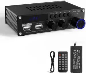 Sunbuck Mini Amplifier, 2 Channel Stereo Amplifier, Power Amplifier Max 300Wx2 Output, Bluetooth Amplifier for Home Speakers, Stereo Receiver with RCA/USB/FM/AUX, Mini Amplifier for Speakers, AS-22BU