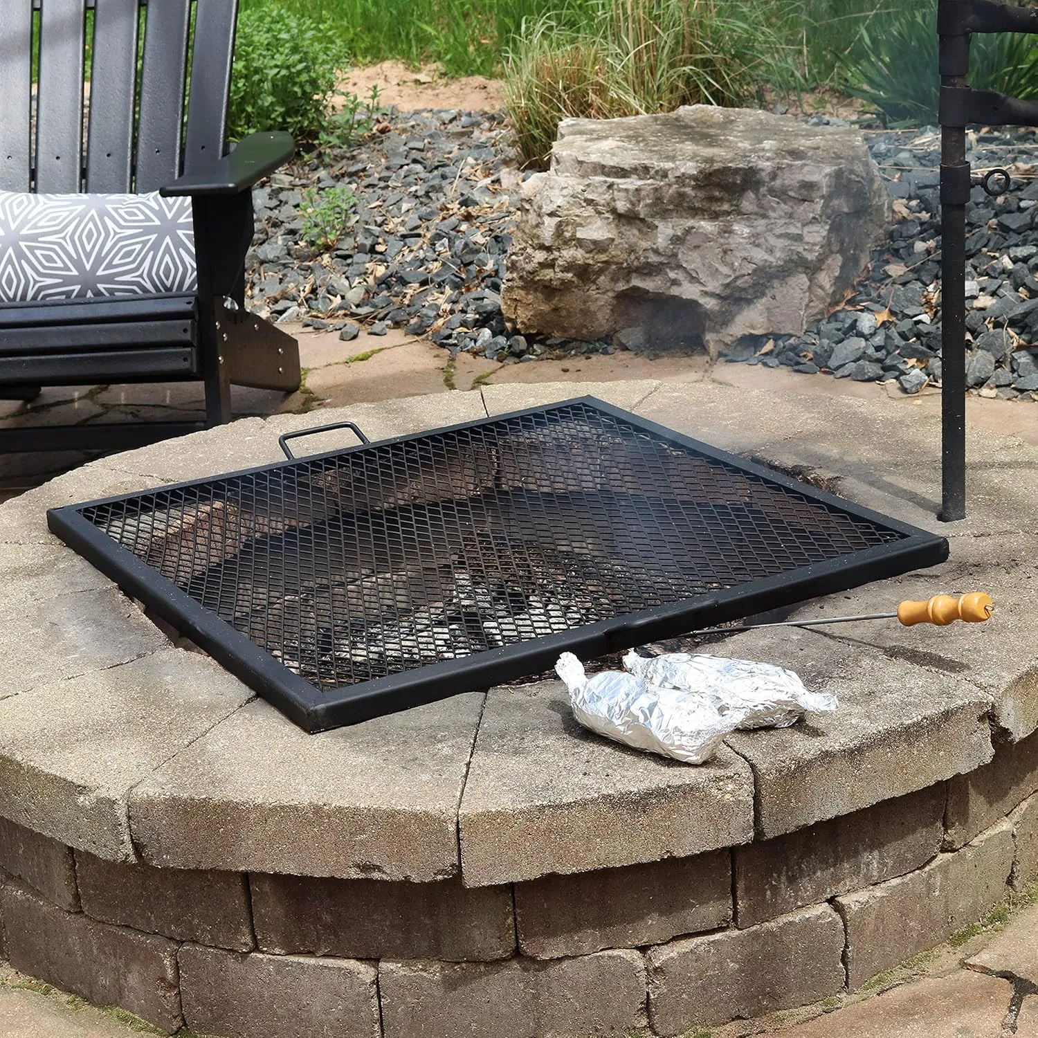 Sunnydaze X-Marks Fire Pit Cooking Grate - Outdoor Square Black Steel BBQ Campfire Grill with Handles - 40-Inch