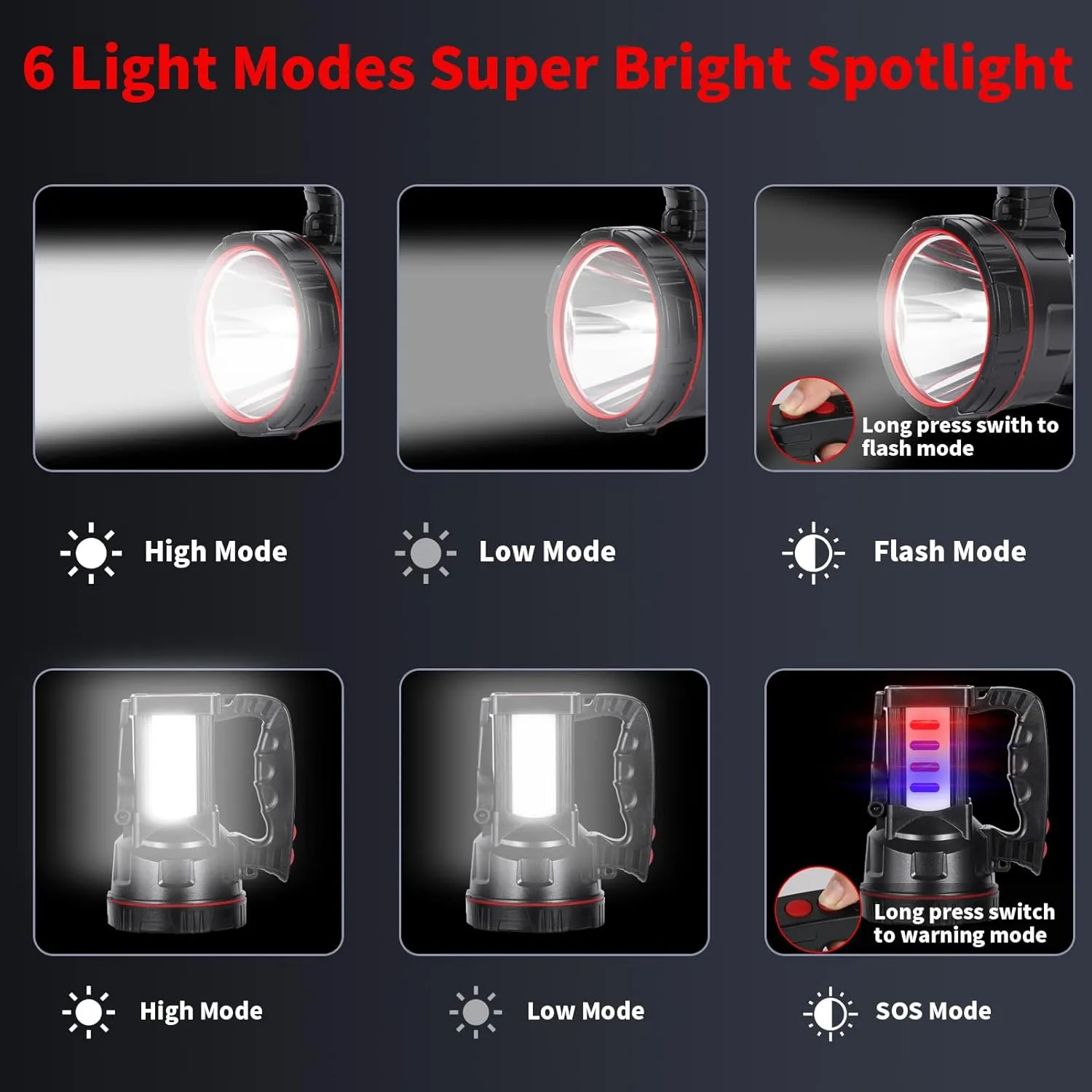 Superbright LED Handheld Searchlight Tactical Waterproof Spotlight High Power Rechargeable Flashlights with Side Light USB Power Charger (White Light)