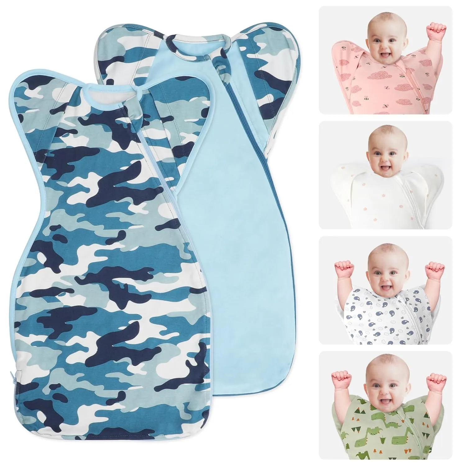 Swaddle Blanket Sleep Sack with Arms Up Design 2 Packs, Hands Up Sleeping Sack 3-Way Transitions to Arms-Free Wearable Sleeping Bag for Newborn Baby Boys Girls Snug Fit Calms Startle Reflex