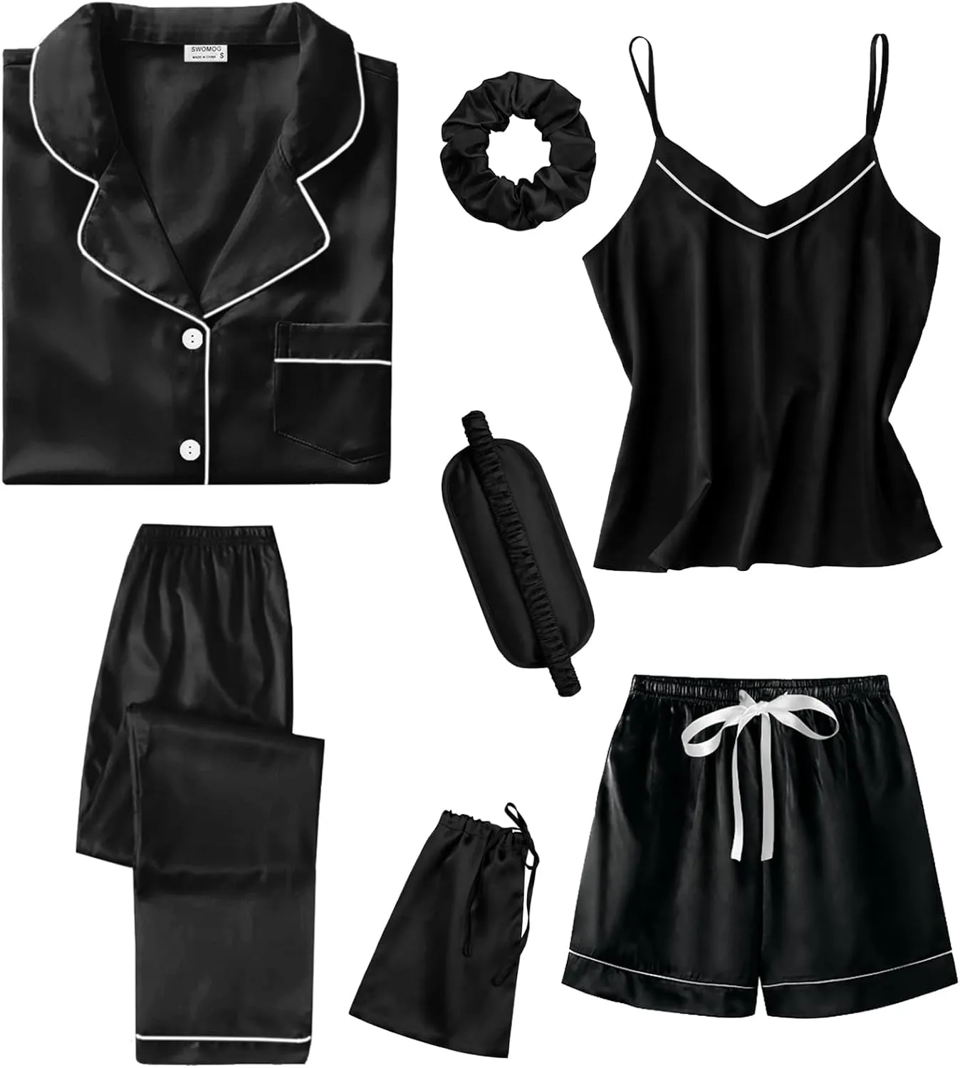 SWOMOG Womens 4pcs Pajamas Sets Short Sleeve Camisole with Button Down Shirt Pjs Silk Satin Sleepwear Loungewear