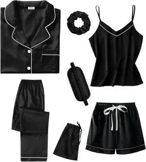 SWOMOG Womens 4pcs Pajamas Sets Short Sleeve Camisole with Button Down Shirt Pjs Silk Satin Sleepwear Loungewear