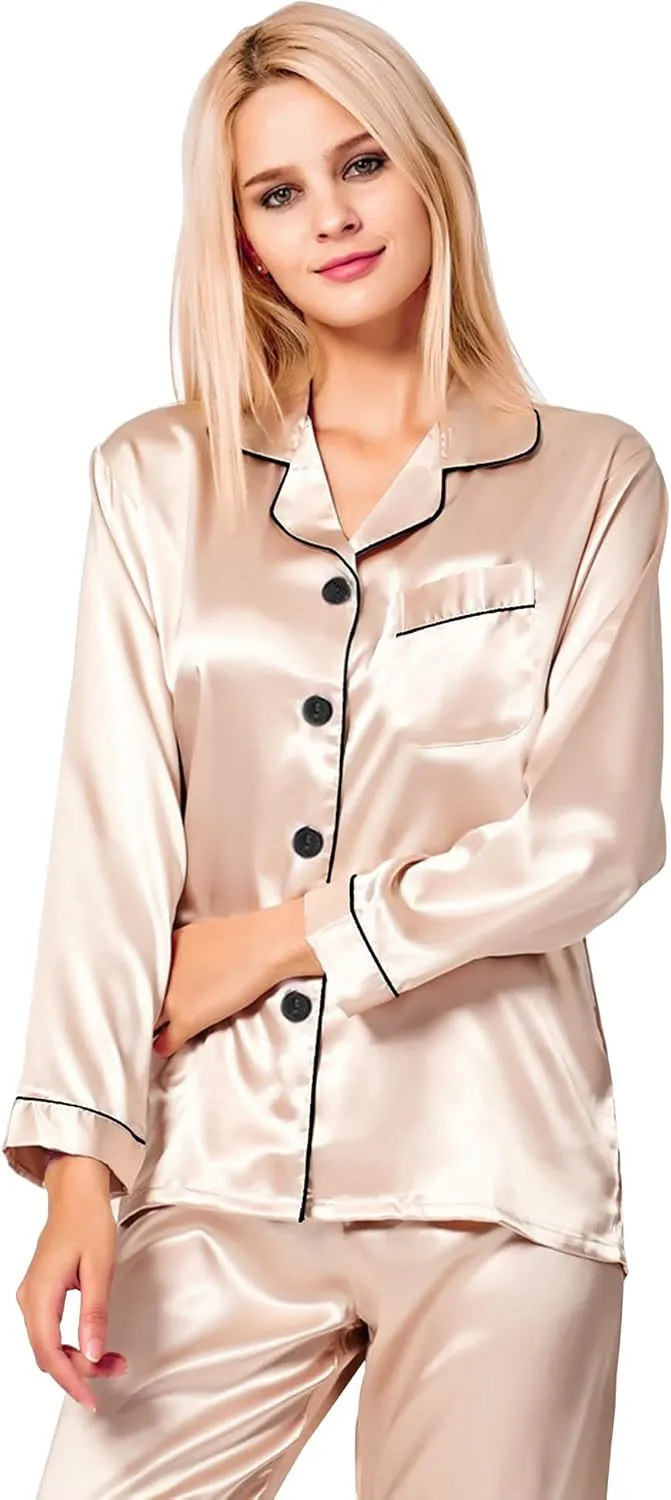 SWOMOG Womens Silk Satin Pajamas Set Long Sleeve Button Down Sleepwear 2 Piece Lounge Set Pj Set XS-3XL