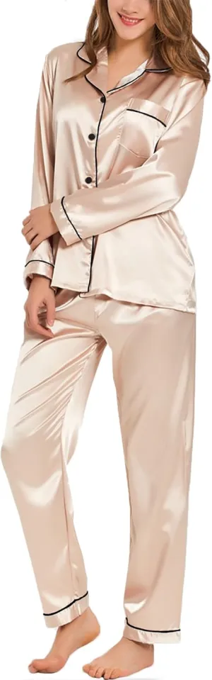 SWOMOG Womens Silk Satin Pajamas Set Long Sleeve Button Down Sleepwear 2 Piece Lounge Set Pj Set XS-3XL
