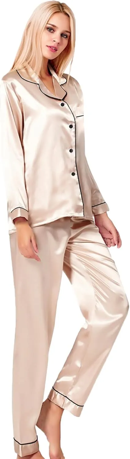 SWOMOG Womens Silk Satin Pajamas Set Long Sleeve Button Down Sleepwear 2 Piece Lounge Set Pj Set XS-3XL