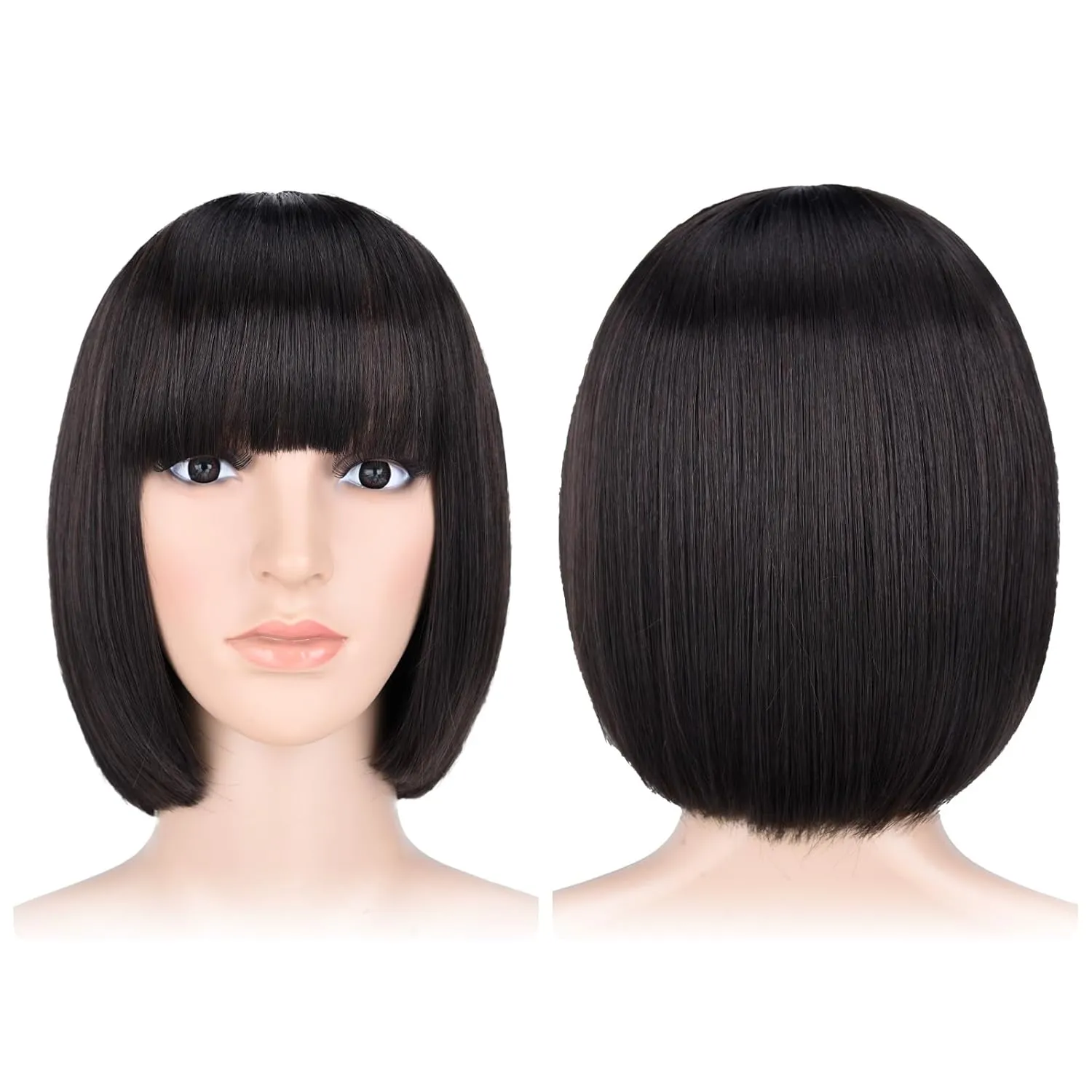 SYXLCYGG Bob Wig Dark Brown Short Wigs With Bangs Flame Retardant 10" Straight Silky Fluffy Womens Hair Wigs Synthetic Black Girl Daily (Free Wig Cap)