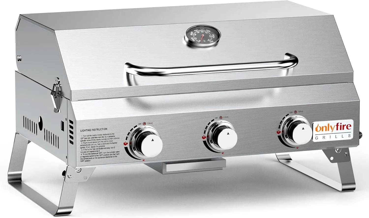 Tabletop Gas Grill 3 Burners, Stainless Steel Portable Propane Grill with Foldable Legs for Outdoor Patio Backyard Camping, Tailgating, RV Trip, Heavy Duty & 24000BTU, GS307