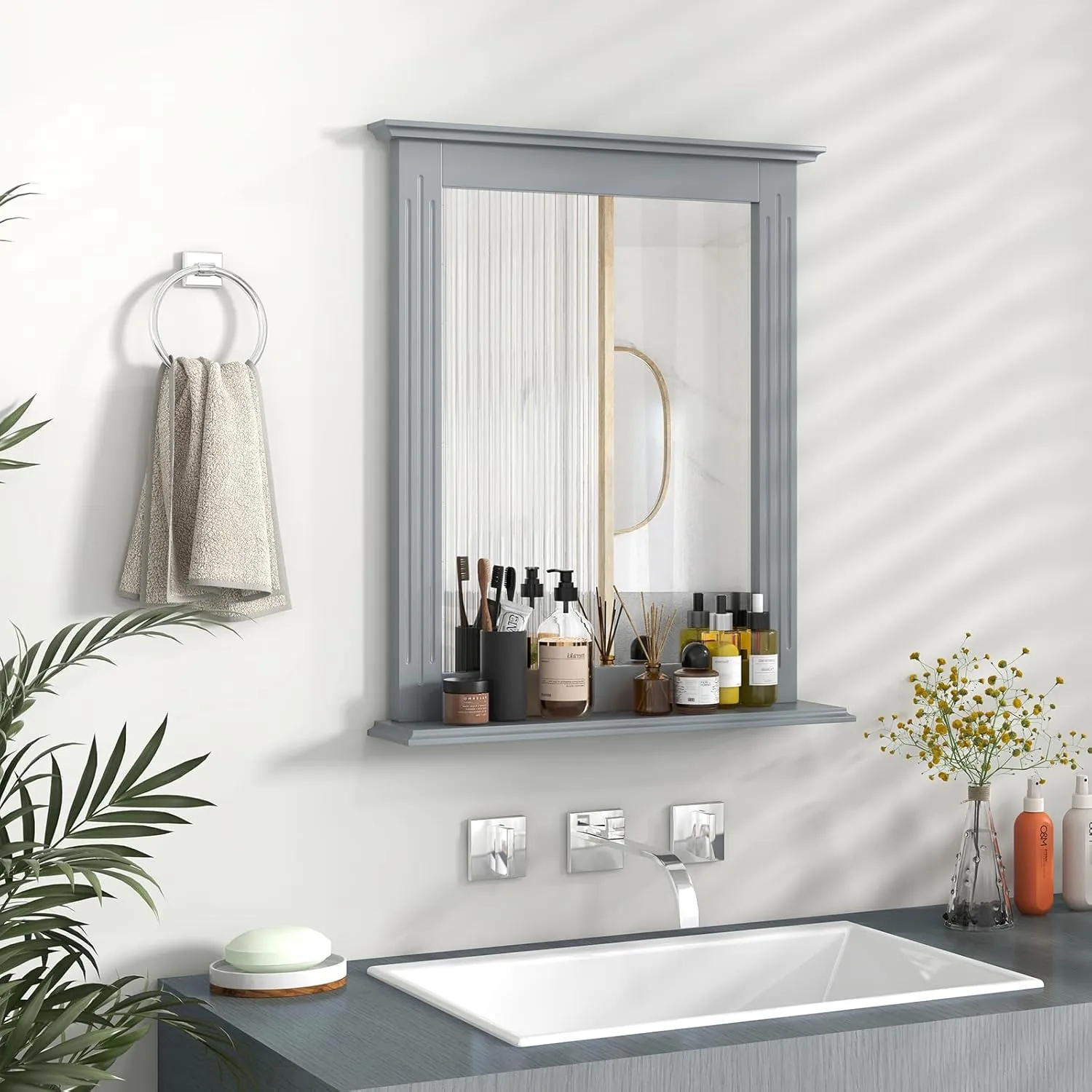 Tangkula Bathroom Wall Mirror with Shelf, Square Makeup Mirror Wall Hanging Mirror, Vanity Mirror for Dressing Room Washroom Bedroom, Modern Concise Wall Mounted Mirror (Grey)