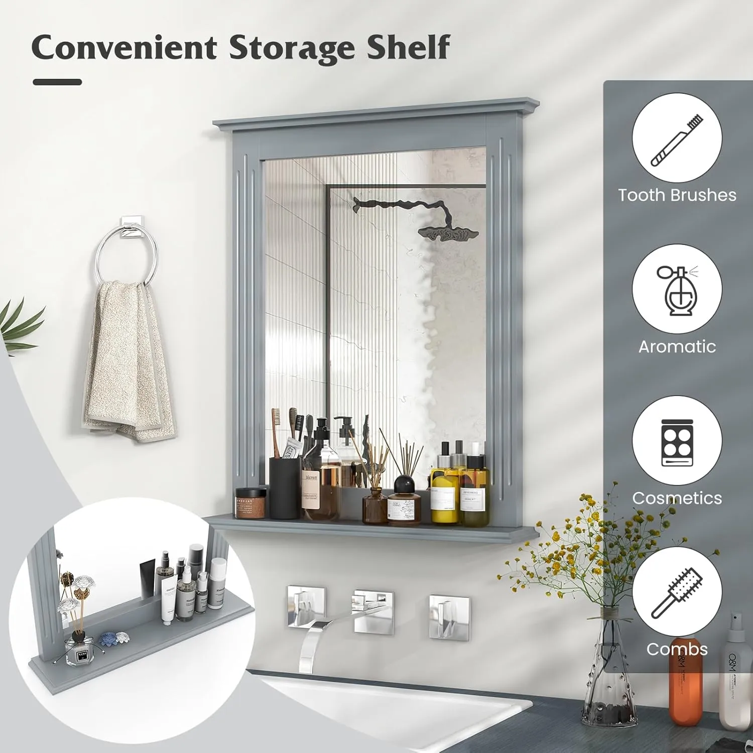 Tangkula Bathroom Wall Mirror with Shelf, Square Makeup Mirror Wall Hanging Mirror, Vanity Mirror for Dressing Room Washroom Bedroom, Modern Concise Wall Mounted Mirror (Grey)